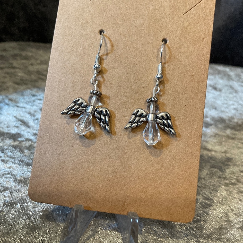 Clear Glass and Silver Beaded Angel Pierced Earrings